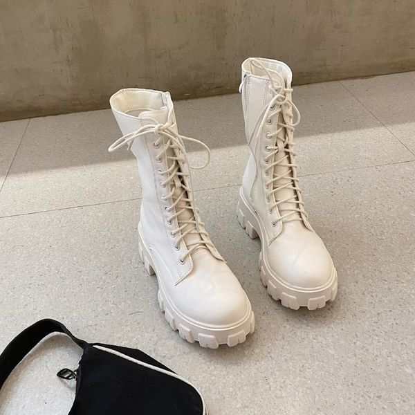 Botas 2021 de media pantorrilla para Mujer, moda Otoño Invierno, con cordones y cremallera, Botas para Mujer, zapatos deportivos de tacón con plataforma para Mujer