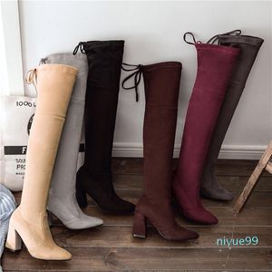 Botas 2021 de talla grande 33-46 mujeres fetiche sobre la rodilla cálido invierno marrón largo muslo botines bloque 9cm tacones altos zapatos Borgoña