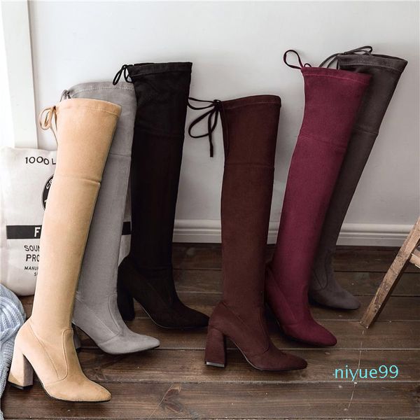 Bottes 2021 grande taille 33-46 femmes fétiche sur le genou chaud hiver marron longue cuisse chaussons bloc 9 cm talons hauts bordeaux chaussures