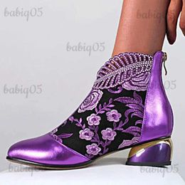 Bottes 2022 automne confortable talon épais bottes courtes mode printemps femmes brodé fleur strass fermeture éclair basses bottines hiver T231121