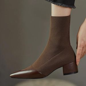 Boots 2022 Autumn New Fashion Dress British Shoes Knited Sock Booties Low Heel Vintage enkel Martns Boots For Women Fashin Allmatch