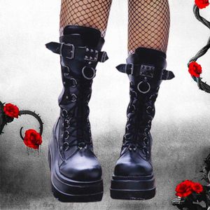 Botas 2024 Otoño Invierno Venta Punk Halloween Bruja Cosplay Plataforma Cuñas altas Tacones Negro Gótico Becerro Zapatos de mujer Tamaño grande 43