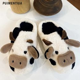 Boots 2022 mignon animal pantoufle pour femmes filles kawaii moelleuse d'hiver pantouilles chaudes femme dessin animé lait vache de vache pantoufles chaussures drôles chaussures
