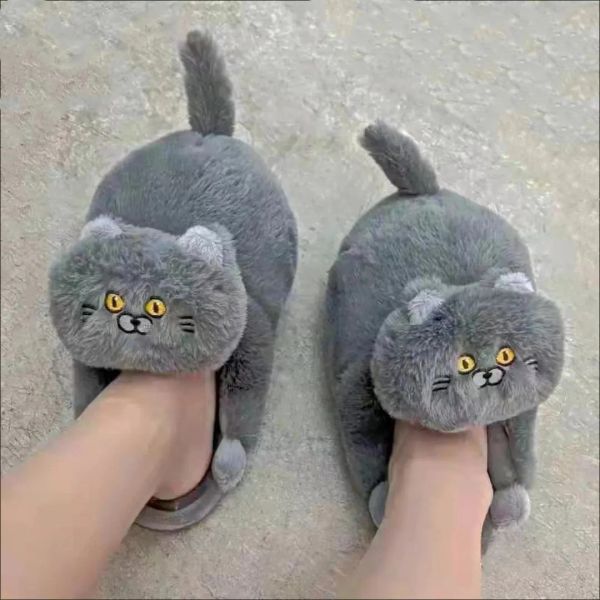 Bottes 2022 mignons British Shorthair Cat Slippers for Women Men Who Aime Kitty Indoor Fluffy Plux Home Chaussures Fur Slides Mules Slippers