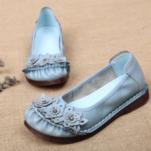 Bottes 2022 Chaussures de marque vintage florale pour femmes en cuir authentique en cuir appartements bleu modes de femme