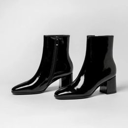 Laarzen 2022 Nieuwe herfst vrouwen mode vierkant hoge hakken zapatos de mujer witte octrooi lederen schoenen enkel laarzen zwarte vrouw zipper heet