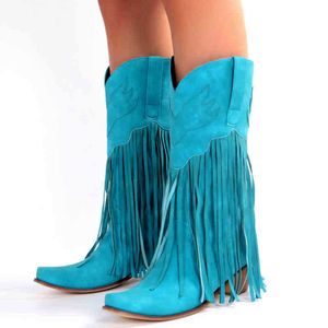 Laarzen 2022 Nieuwe cowboyschoenen voor vrouwen Tassel Chunky Heels Poested Teen Green Red Western Fashion Slip on Wedge Vrouw 220901