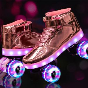 Botas 2022 Nuevo LED Recargable 7 Colorido Flash Shoes Double Fila 4 Patines de ruedas para al aire libre Mujeres Patinas