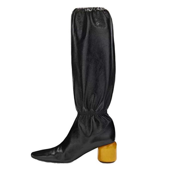 Botas 2022 Nuevas marcas de lujo Moda para mujer Rodilla Alto Tacón grueso Falda plisada elástica Zapatos de fiesta Negro Azul Beige Tamaño grande 43 220901