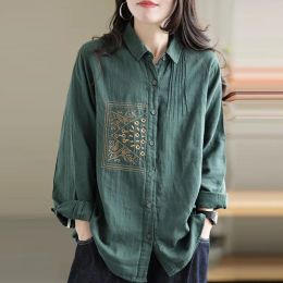 Boots 2022 Spring Automne Automne Arts Style Femmes Longue manche lâche Vintage Broderie Coton Linn Blouse Female Tops C596