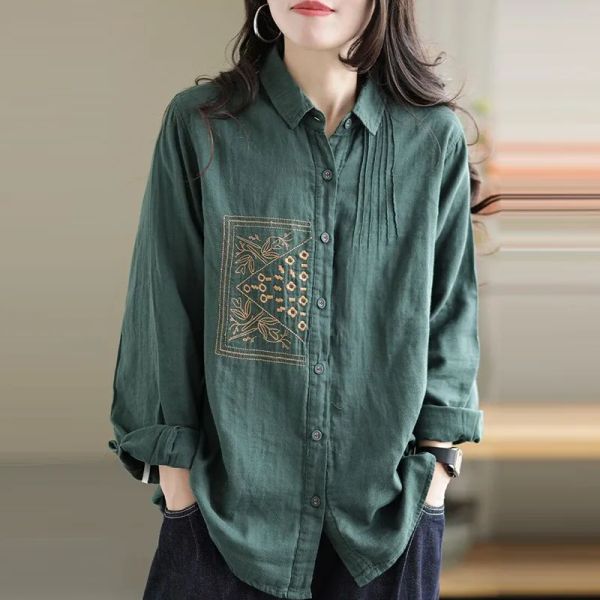 BOTS 2022 Spring Autumn New Arts Style Women Manga larga Camisa suelta Vintage Bordado de algodón BLUSIÓN DE LINENA FEMENA C596