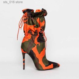 Laarzen 2022 Lente Hoge Hakken Puntschoen Halfhoge Kuitlaarzen voor Dames Mode Camouflage Print Stiletto Lace Up Damesschoenen Botas Mujer T230829