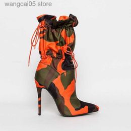 Laarzen 2022 Lente Hoge Hakken Puntschoen Half Kuit Laarzen Voor Vrouwen Mode Camouflage Print Stiletto Lace Up Dames schoenen Botas Mujer T230713