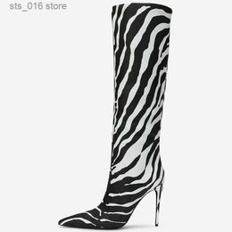 Botas 2022 inverno feminino novo apontado super alto salto fino zebra manga pedra verde sexy joelho botas altas t230927