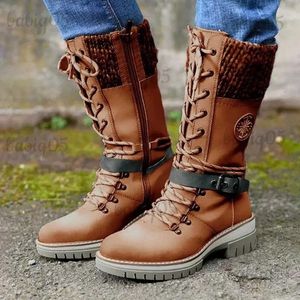 Bottes 2022 femmes hiver boucle dentelle tricoté mi-mollet bottes talon bas bout rond bottes de qualité supérieure hiver bottes chaudes femmes Botas De Mujer T231117