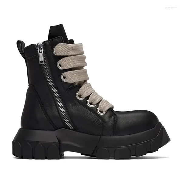 Botas 2023 otoño e invierno personalizado suela gruesa tubo medio con cordones motocicleta ocio cuero hombres