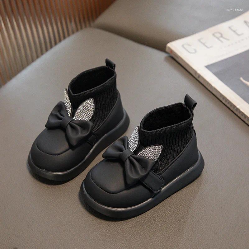 Botas 2023 Otoño Moda Oreja Rhinestones Zapatos casuales para niños Niños Calcetines de suela suave Niñas Cuero Primavera PU
