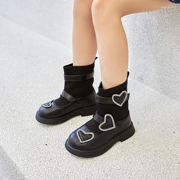 Botas 2023 otoño niñas moda coreana casual niños pu princesa zapatos cómodos calcetines antideslizantes individuales