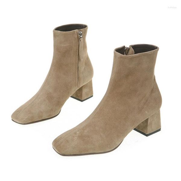 Bottes 2023 automne hiver en cuir véritable rétro bout carré fermeture éclair cheville talon haut tout Match femmes chaussures taille 34-43