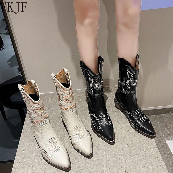Botas 2023 zapatos de mujer de marca bordado vaquero occidental para tacones medios punta puntiaguda rodilla de alta calidad