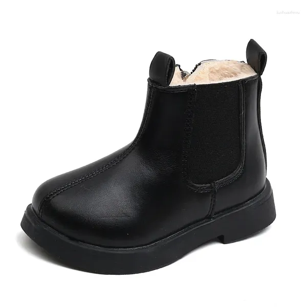 Bottes 2023 Enfants Court Hiver Fille Couleur Pure Cuir Noir Doux Cuhk Princesse Pour Enfants Restaurant Ancien