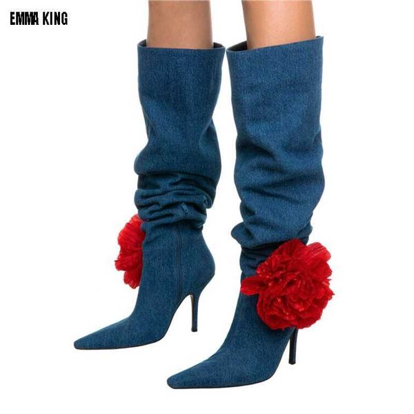 Bottes 2023 Denim genou bottes hautes fleur rouge embelli genou bottes hautes bout pointu sans lacet femmes mode jean chaussures 43L2401