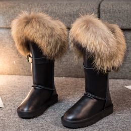 Laarzen 2023 Extralarge Fox Hair Boots Natural Fox Fur Casual Winter Snow Boots Women Real Cow Suede Leer Warme schoenen Zwart Bruin
