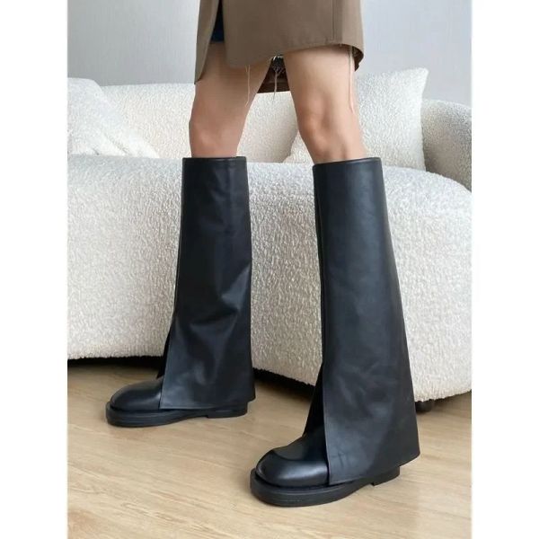 Boots 2023 Fashion Brand Cool Knee High Quality Quality Comfy Walking Vintage Black Slip on Women's Shoes Cover Botter Bots for Women