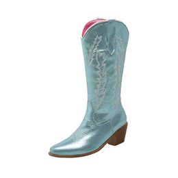 Botas 2023 Moda Mujer Rodilla Botas altas Cuadrado Tacón bajo Western Cowboy Boots Otoño Invierno Mujer Zapatos Tamaño 35-43 x0928