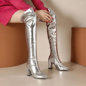 Bottes 2023 Mode Femmes Au-dessus Du Genou En Métal Plate-forme Épaisse Robe À Talons Hauts Longues Chaussettes De Botte Brevet Slim Fit Chaussures