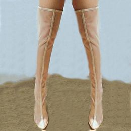 Bottes 2023 femme maille talons hauts sur le genou long clair épais bout pointu fermeture éclair cuisse Botas Mujer chaussures femme