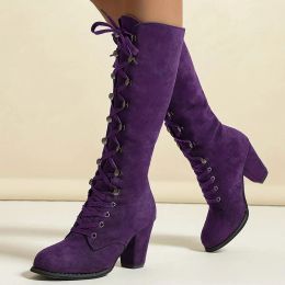 Bottes 2023 Vente chaude grande taille 43 laceup féminin midcalf bottes femme chaussures hautes talons rétro purple noir marron brun femelle