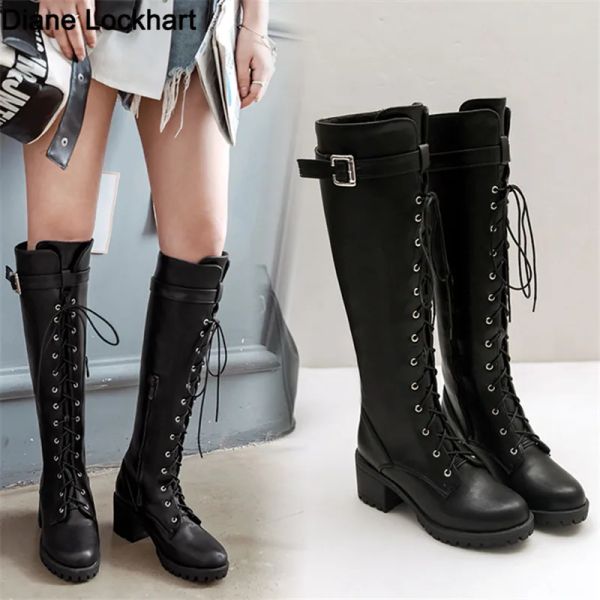 Bottes 2023 Vente chaude printemps automne laçage de genou bottes haute femme fashion carrée ceinture dames dames chaussures chaussures hiver 3444