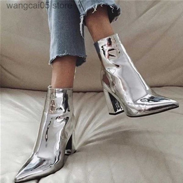 Bottes 2023 Luxe Femmes 9cm Talons Hauts Bottines Bout Pointu En Cuir Brillant Bloc Talons Chaussons Dame Argent Champagne Chaussures En Cuir T230713