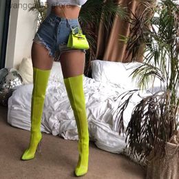 Bottes 2023 New Mesh Neon Green Sandale Bottes Femmes Sexy Sur Le Genou Bottes Bout Pointu Talons Hauts Parti Chaussures Femme Cuissardes T230713