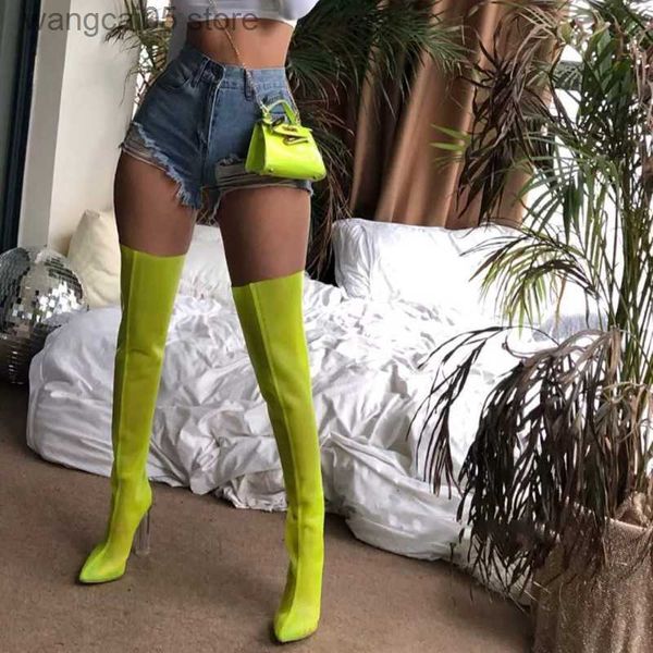 Bottes 2023 New Mesh Neon Green Sandale Bottes Femmes Sexy Sur Le Genou Bottes Bout Pointu Talons Hauts Parti Chaussures Femme Cuissardes T230713