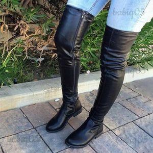 Bottes 2023 nouveau hiver noir sur le genou bottes chaussures femmes en cuir Pu talons bas grande taille 46 Stretch cuisse haute femme bottes T231121