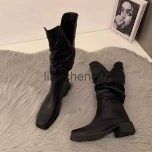 Bottes 2023 Nouvelles femmes bottes hautes plissées automne hiver bout carré côté type V bottes occidentales chaussures féminines élégantes bottes longues blanches x0928