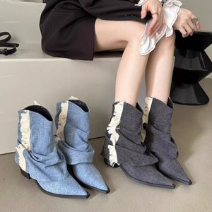 Laarzen 2023 Nieuwe Damesschoenen Cowgirl Voor Vrouwen Hoge Hakken Enkel Vrouw Kwastje Blue Jeans Cowboy Booties Botines De mujer 230914