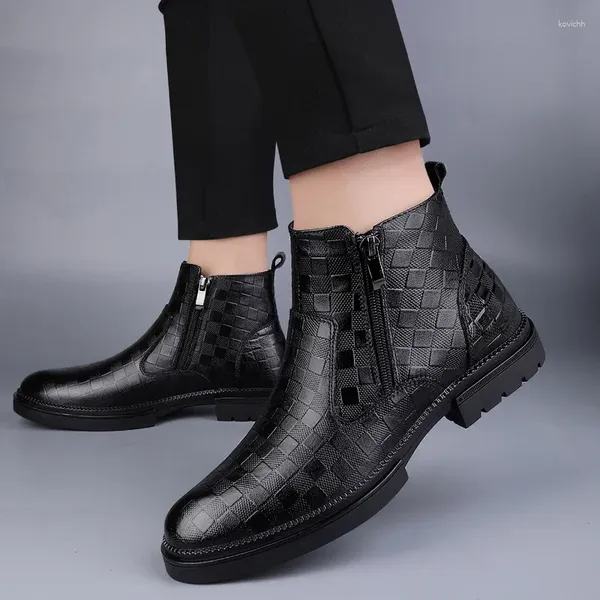 Botas 2023 zapatos para hombres cosiendo la moda de los hombres lado zipp punta redonda casual corto felpa cuero tobillo