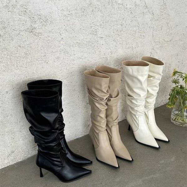 Bottes 2023 Slouchy sur le genou bottes hautes femmes bout pointu noir Beige blanc bottes en cuir dames chaussures d'hiver grande taille 230914