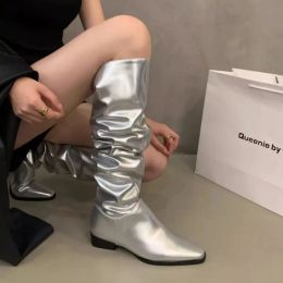 Boots 2023 Lente/herfst Nieuwe highd Riding Boots Silver Light Plate Street Street Street gerimpelde dameslaarzen voor knie Fashion Party