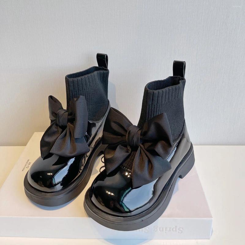 Boots 2023 Spring Girl's Sock Cute Big Bowtie Elegant Children Short Boot Leather Sneakers Kids Princess School Shoes