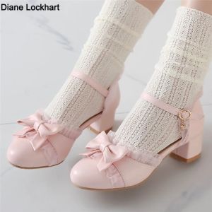 Boots 2023 Spring Women High Heels Mary Jane Pumps Party Wedding White Pink Beige String Bead Bow Princess Cosplay Chaussures Lolita 3143