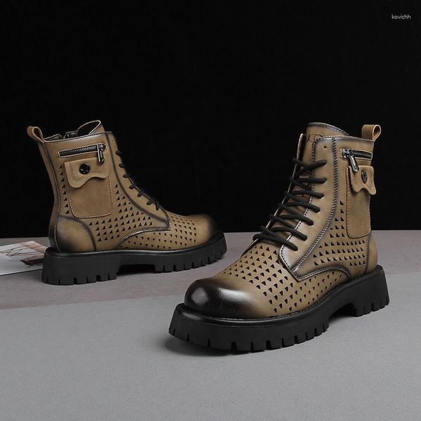 Bottes 2023 Été respirant évider en cuir plate-forme haute tendance hommes hauteur intérieure augmentant