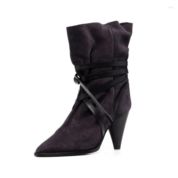 Bottes 2023 Mode d'hiver Bouts pointus Talons à lacets en daim gris grandes chaussures 43 44 45 sans lacet chaussures en cuir souple femmes