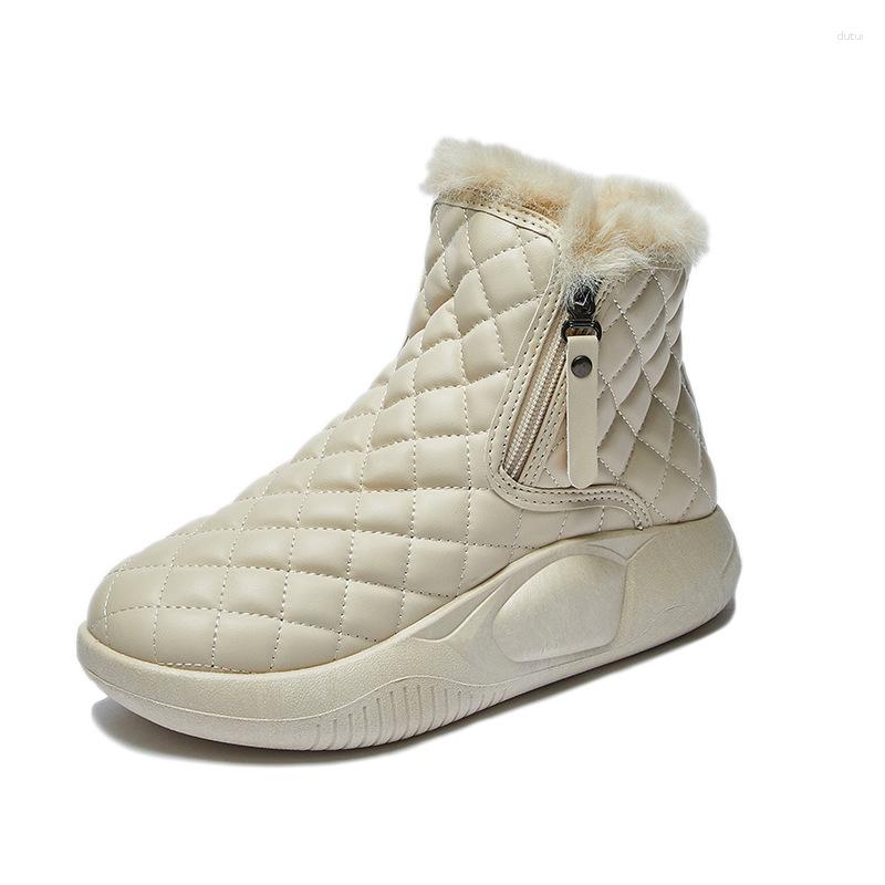 Buty 2023 buty zimowe kobiety śnieg płaska platforma ciepłe pluszowe damki kostki botas czarny beżowy wysokość rosnąca 3,5 cm D049