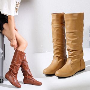 Bottes 2023 hiver femmes Slouch femme genou haut Faux cuir talons plats Bootie dames taille mode bout rond