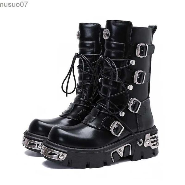 Bottes 2023 Bottes d'hiver pour femmes style britannique street rock métal noir tube moyen chevalier Martin bottes de moto chaussure grande taille 41-44