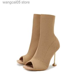 Bottes 2023 Femmes Mode 10cm Talons Hauts Escarpins Peep Toe Sandales Bottes Discothèque Été Sandles Talons Aiguilles Femme Sexy Mesh Chaussures T230713